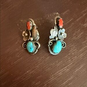 Sterling silver Earrings with Turquoise and Coral Accents